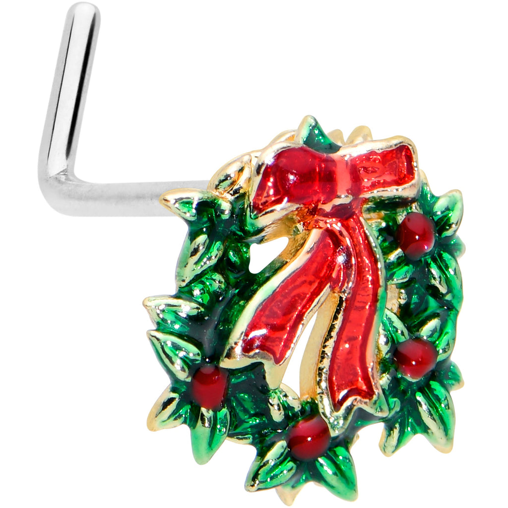 BodyCandy 20G 7mm Festive Bow Wreath Christmas L Shape Nose Ring — main product shot