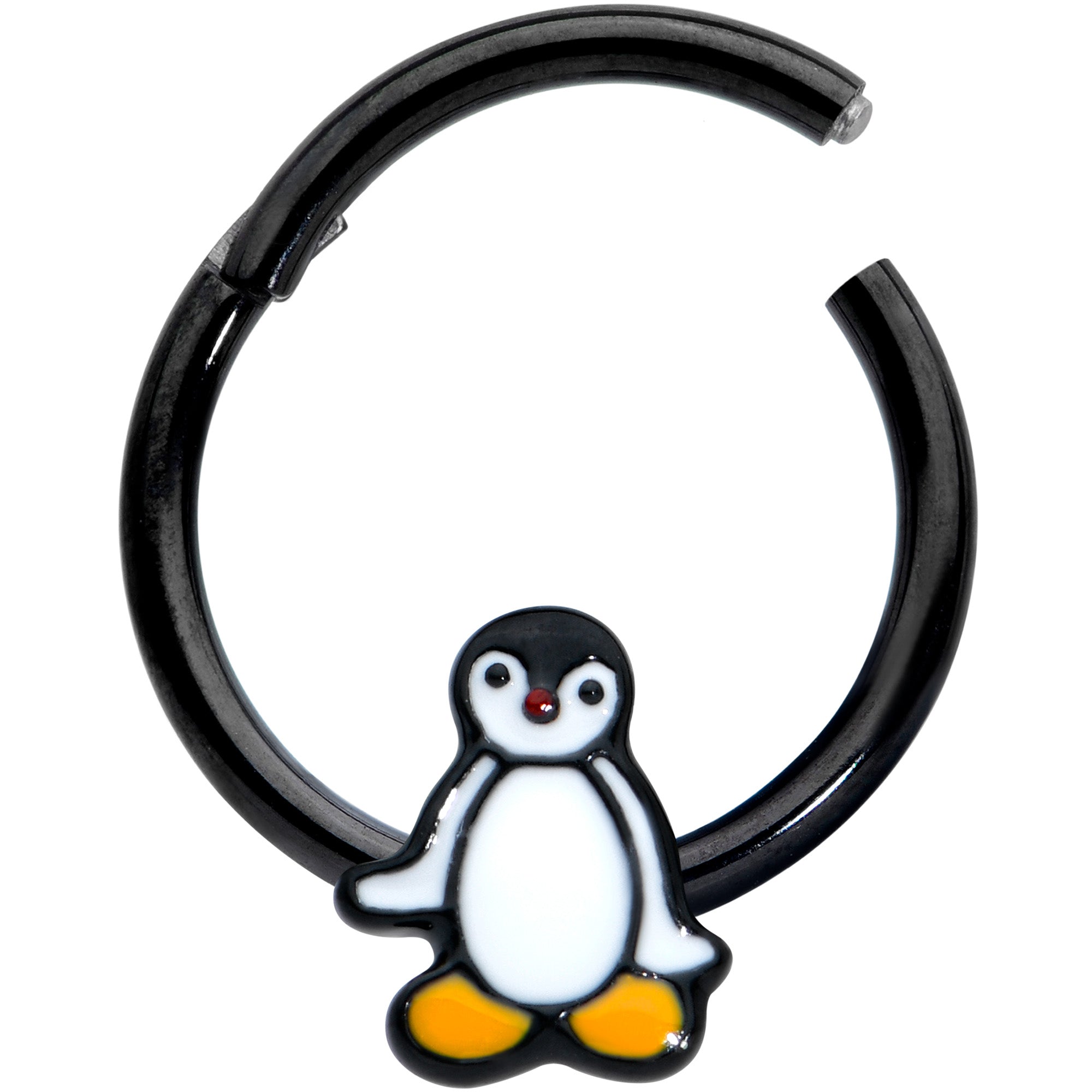 BodyCandy 16G 3/8 Black Baby Penguin Hinged Circular Ring — detail close-up