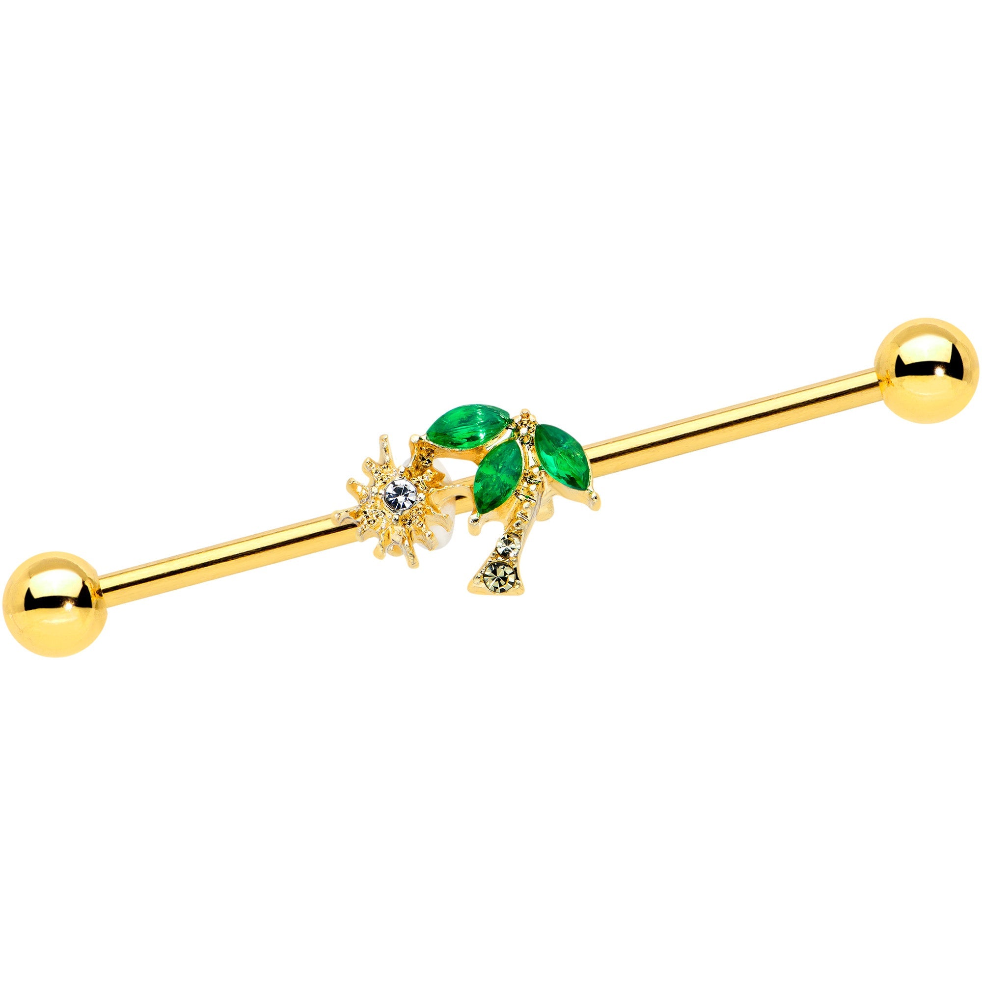 BodyCandy 14G Green Gem Gold Tone Sun Palm Tree Industrial Barbell 38mm — main product shot