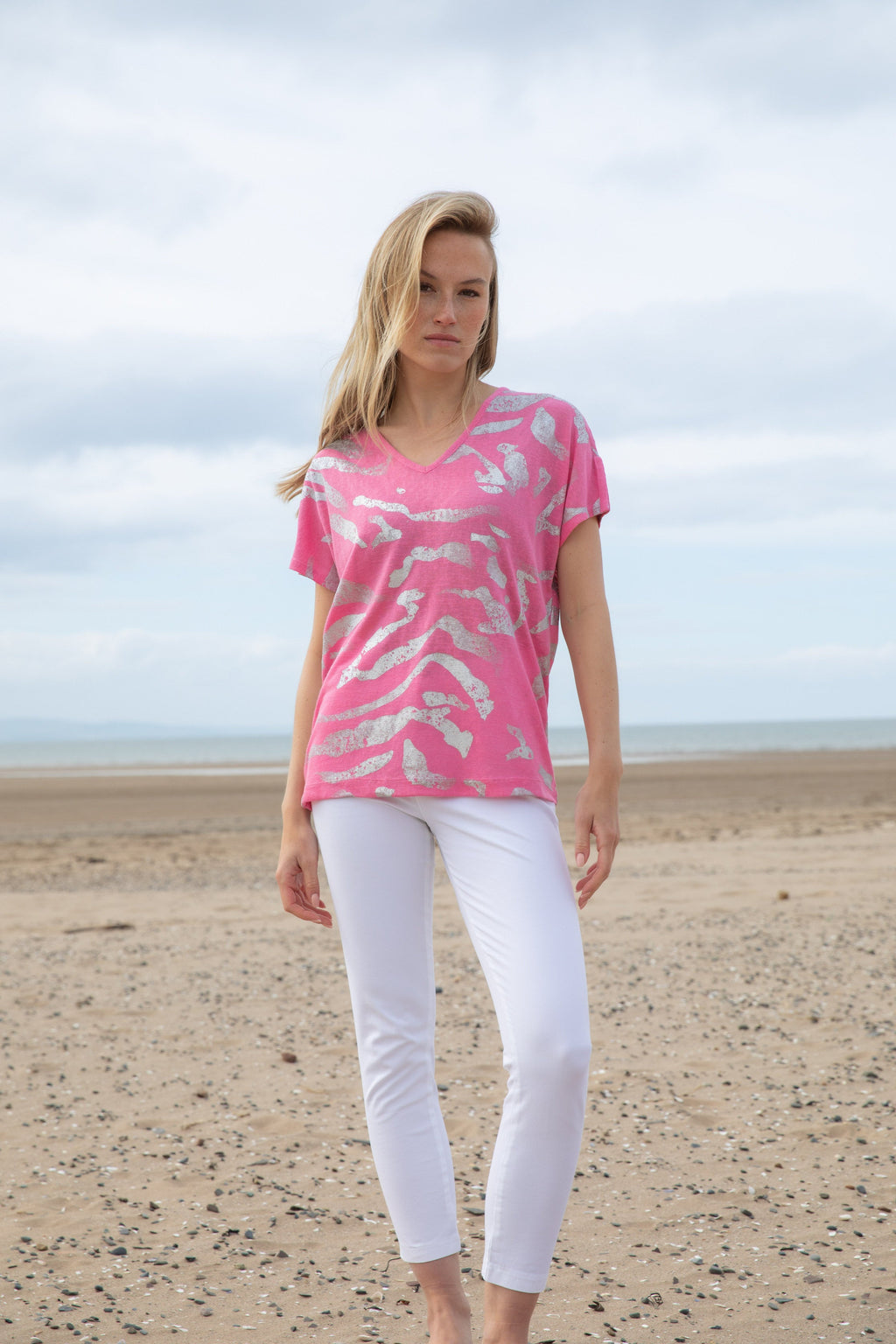KADOU BOUTIQUE Marble V-Neck Foil Print Top — main product shot