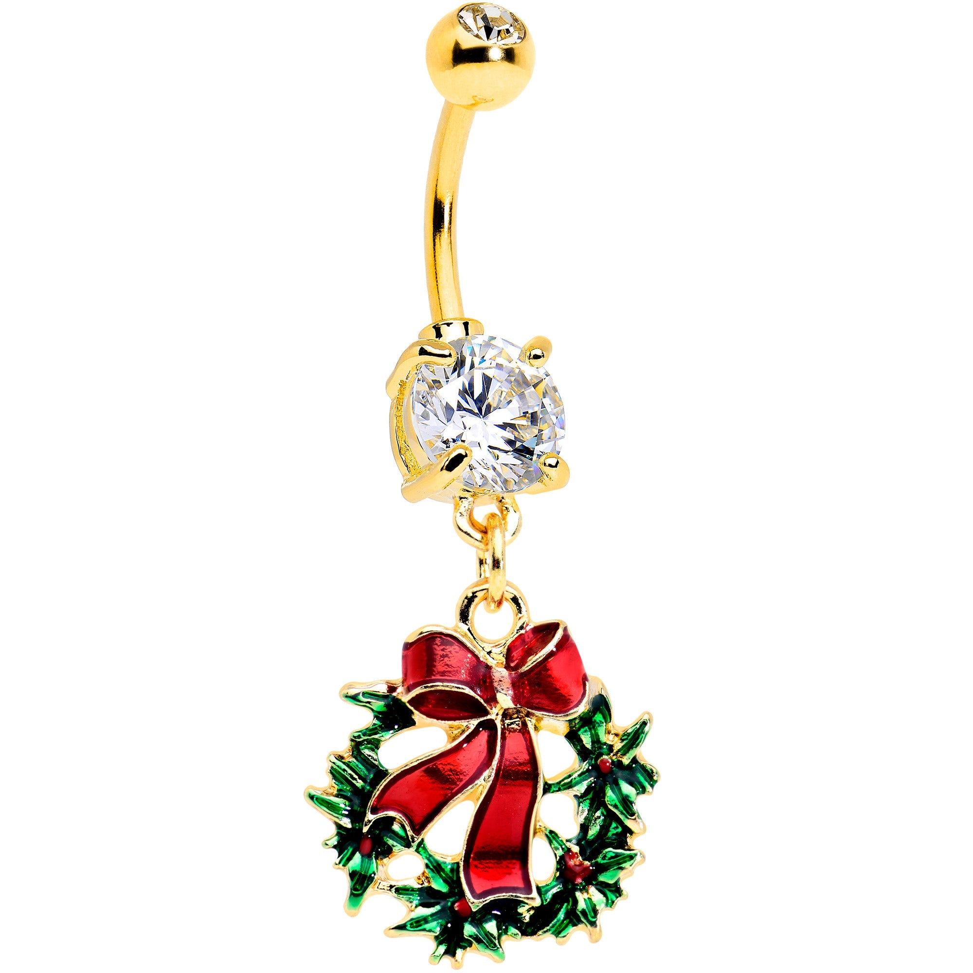 BodyCandy Clear CZ Gem Gold Tone Festive Bow Wreath Christmas Dangle Belly Ring — main product shot