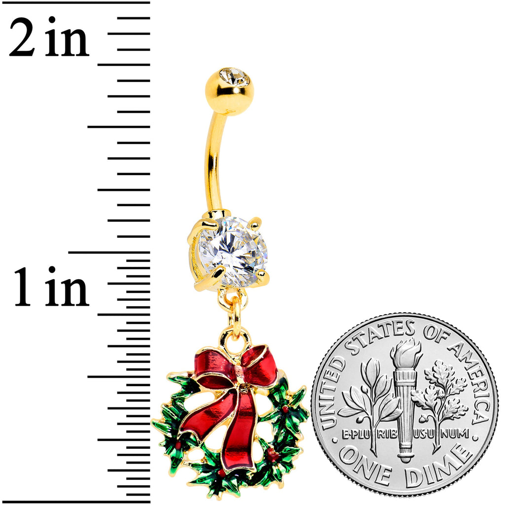 BodyCandy Clear CZ Gem Gold Tone Festive Bow Wreath Christmas Dangle Belly Ring — detail close-up