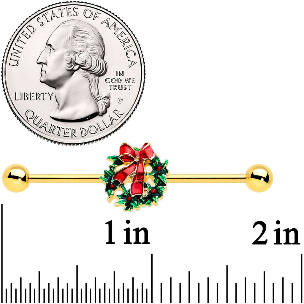 BodyCandy 14 Gold Tone Festive Wreath Bow Christmas Industrial Barbell 38mm — detail close-up
