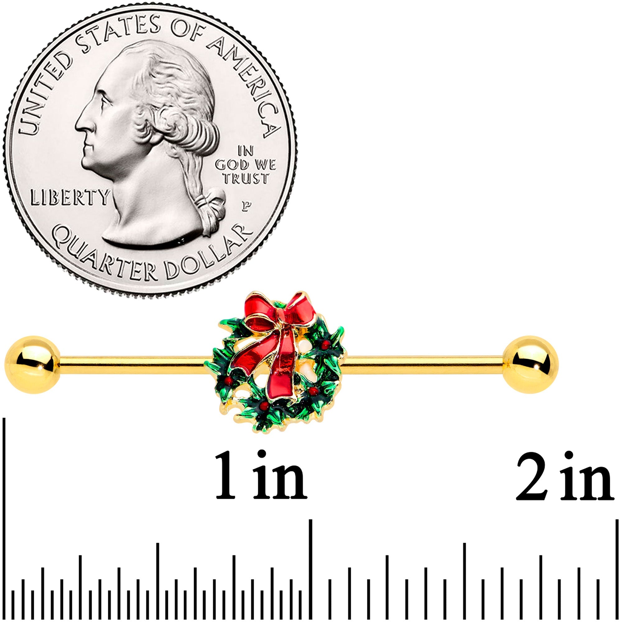 BodyCandy 14 Gold Tone Festive Wreath Bow Christmas Industrial Barbell 38mm — detail close-up