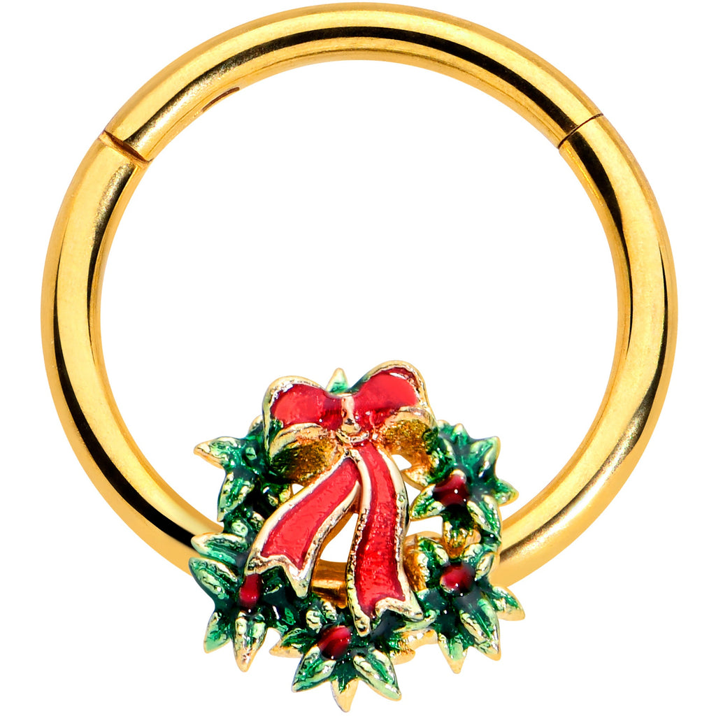 BodyCandy 16G 3/8 Gold Hue Festive Christmas Wreath Bow Hinged Segment Ring — main product shot