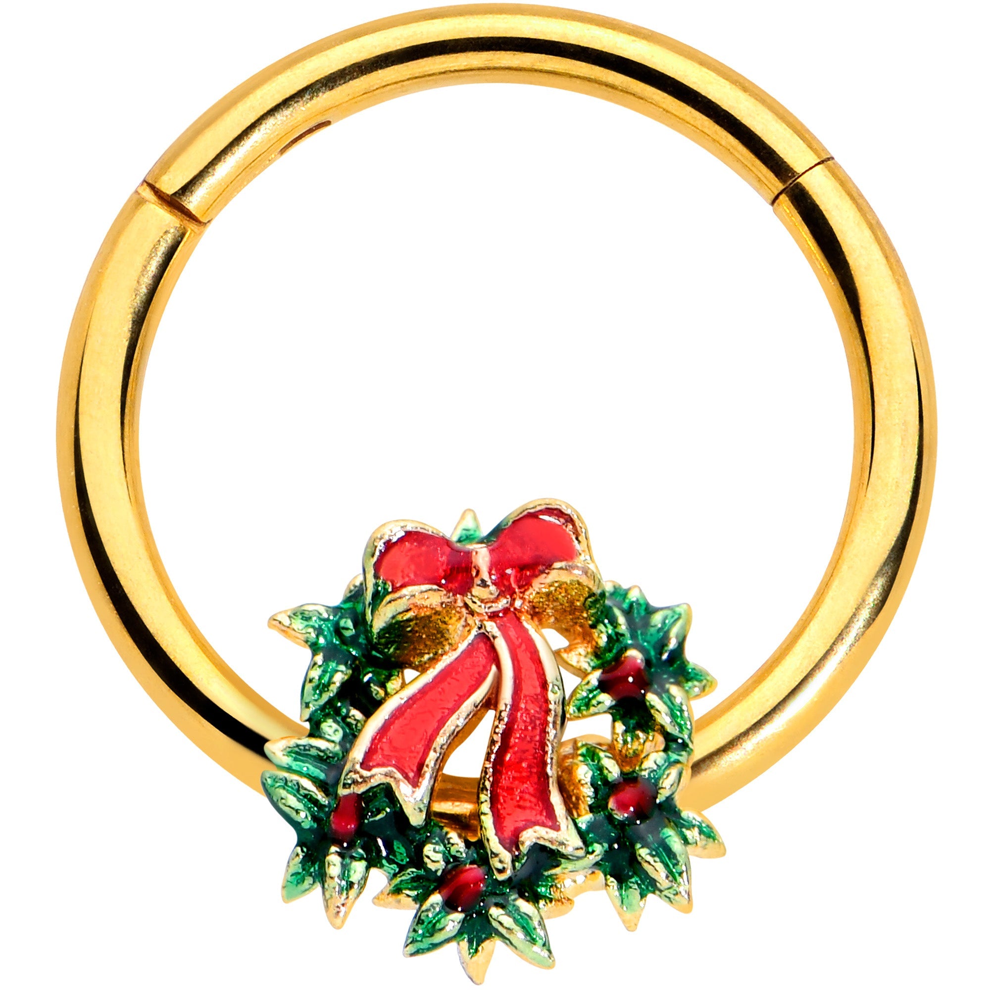 BodyCandy 16G 3/8 Gold Hue Festive Christmas Wreath Bow Hinged Segment Ring — main product shot