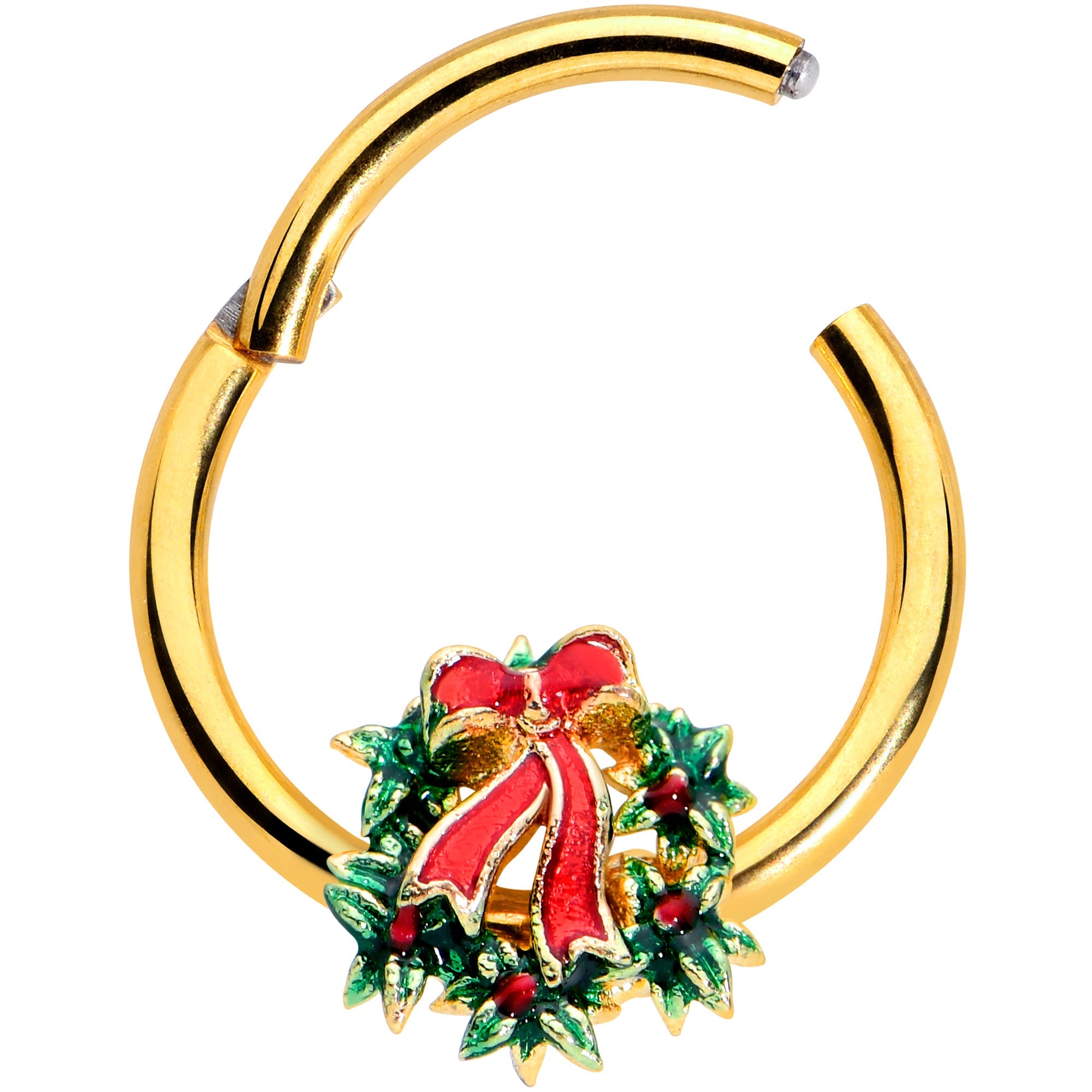 BodyCandy 16G 3/8 Gold Hue Festive Christmas Wreath Bow Hinged Segment Ring — detail close-up