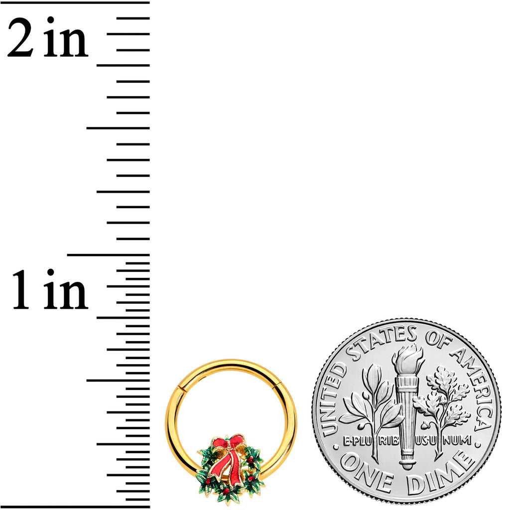 BodyCandy 16G 3/8 Gold Hue Festive Christmas Wreath Bow Hinged Segment Ring — lifestyle context