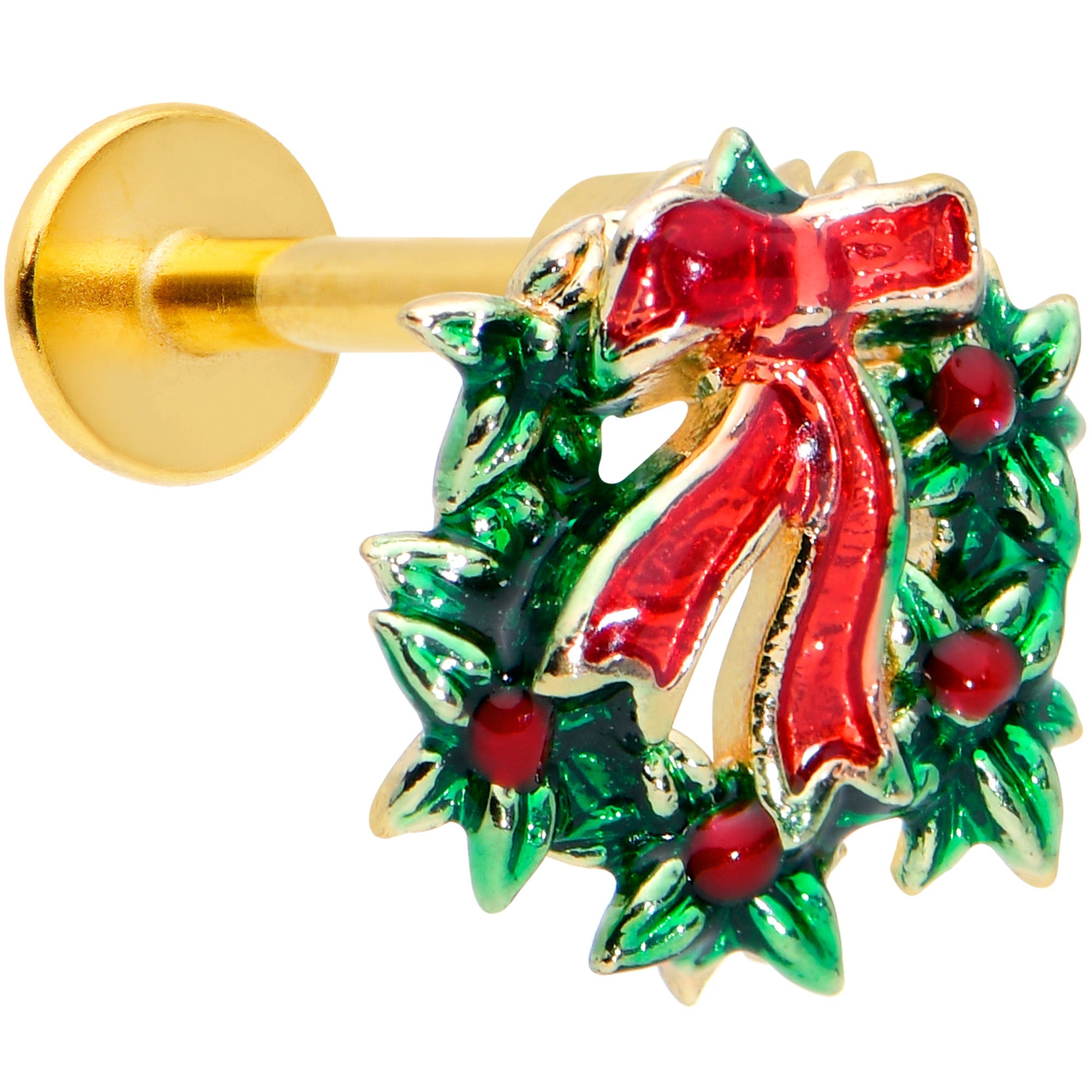 BodyCandy 16G 5/16 Gold Tone Festive Wreath Bow Christmas Labret Tragus — main product shot