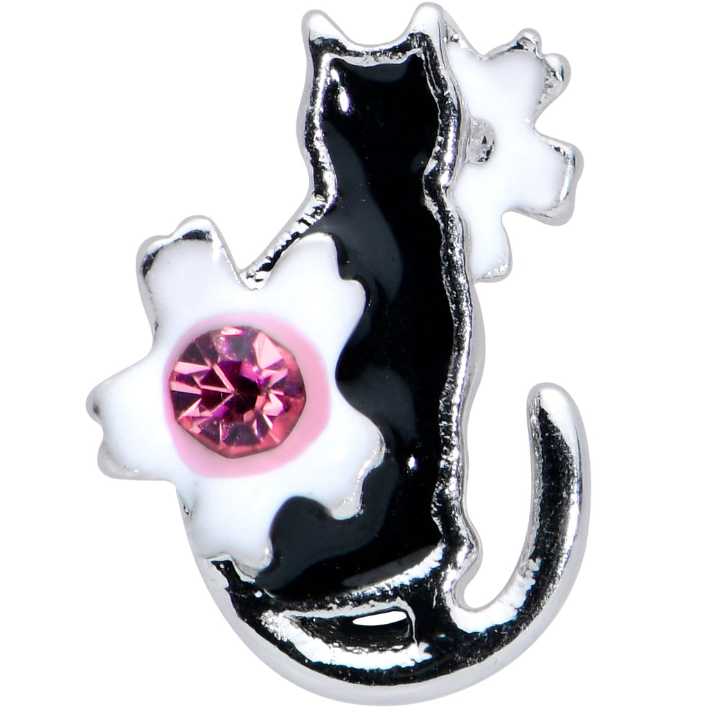 BodyCandy 16G 1/4 Pink Gem Black Cat White Flowers Cartilage Tragus Earring — detail close-up