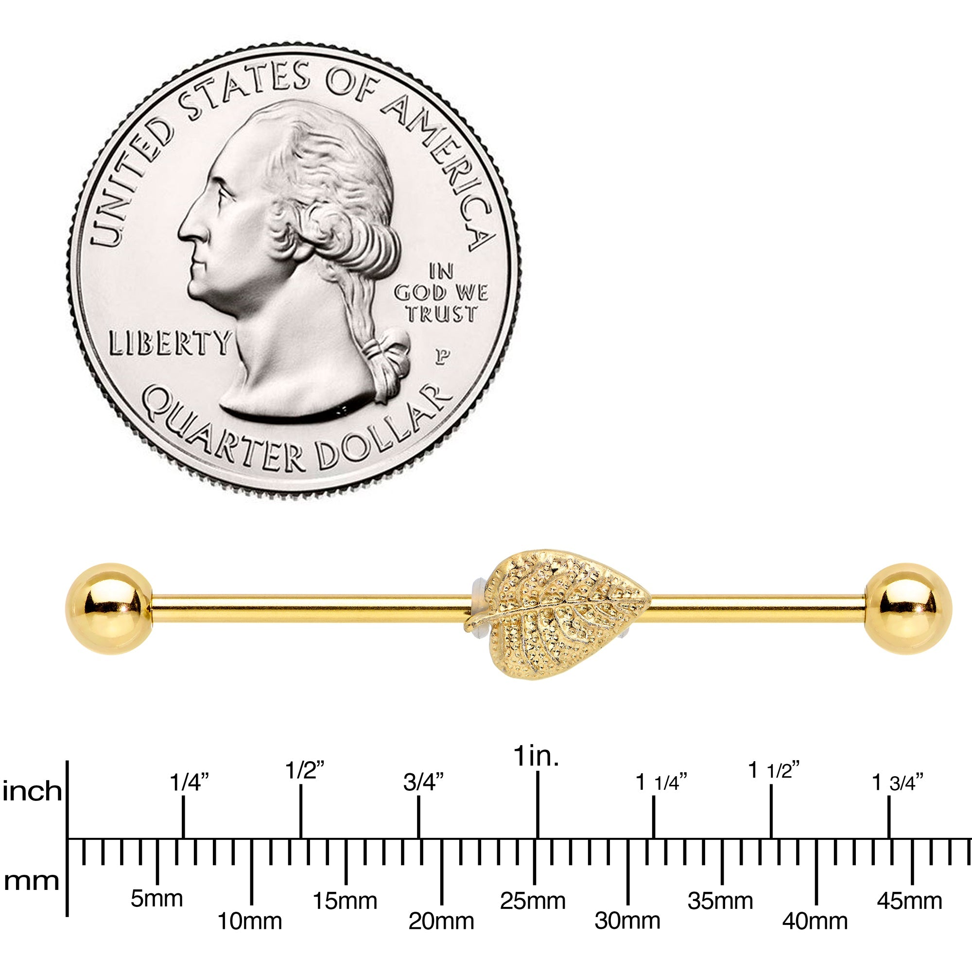 BodyCandy 14G Gold Tone Autumn Textured Leaf Industrial Barbell 38mm — lifestyle context