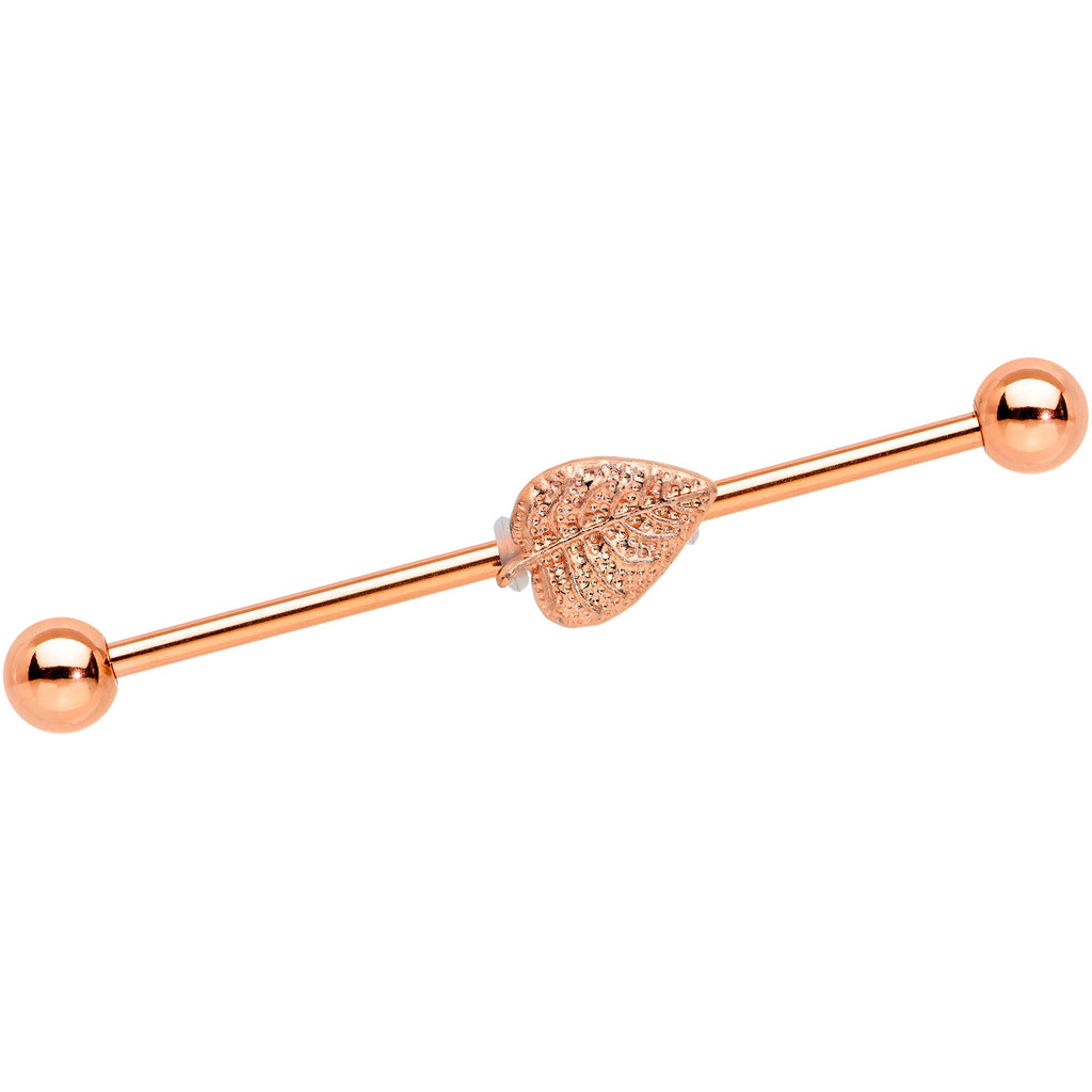 BodyCandy 14G Rose Gold Tone Autumn Textured Leaf Industrial Barbell 38mm — main product shot