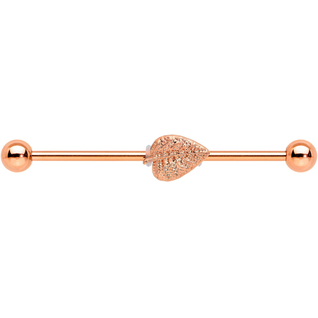 BodyCandy 14G Rose Gold Tone Autumn Textured Leaf Industrial Barbell 38mm — detail close-up