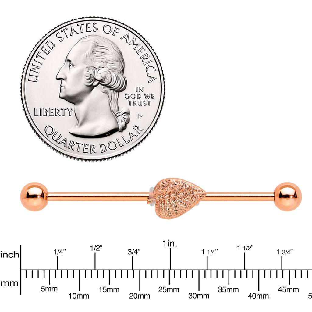 BodyCandy 14G Rose Gold Tone Autumn Textured Leaf Industrial Barbell 38mm — lifestyle context