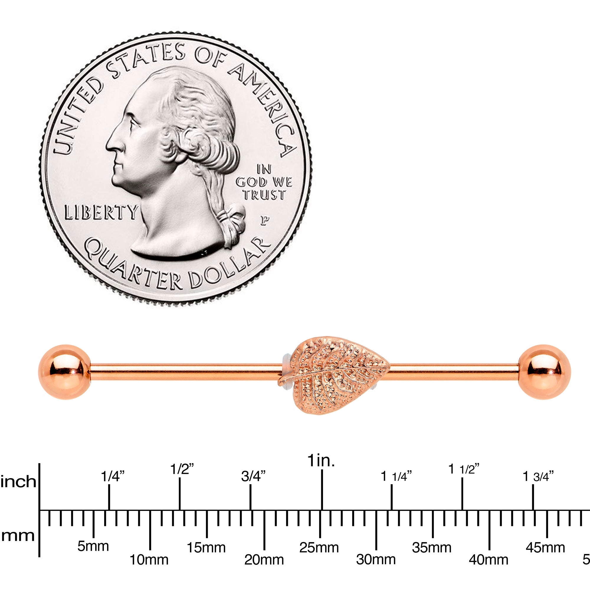 BodyCandy 14G Rose Gold Tone Autumn Textured Leaf Industrial Barbell 38mm — lifestyle context