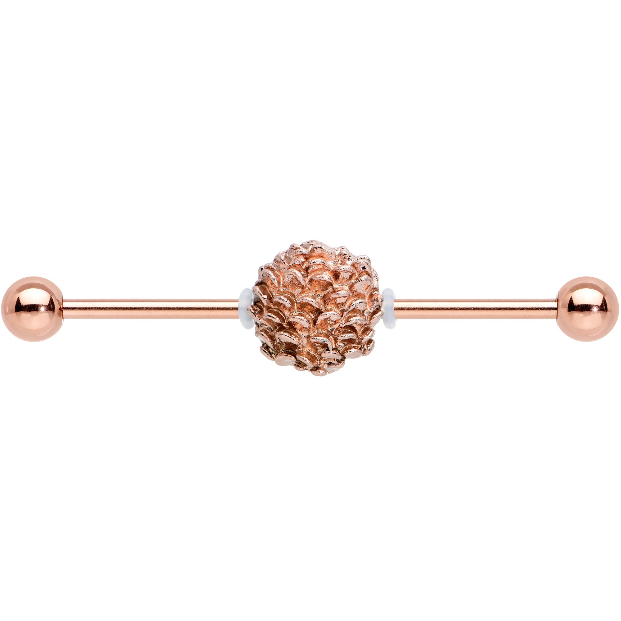 BodyCandy 14G Rose Gold Tone Autumn Pine Cone Industrial Barbell 38mm — detail close-up