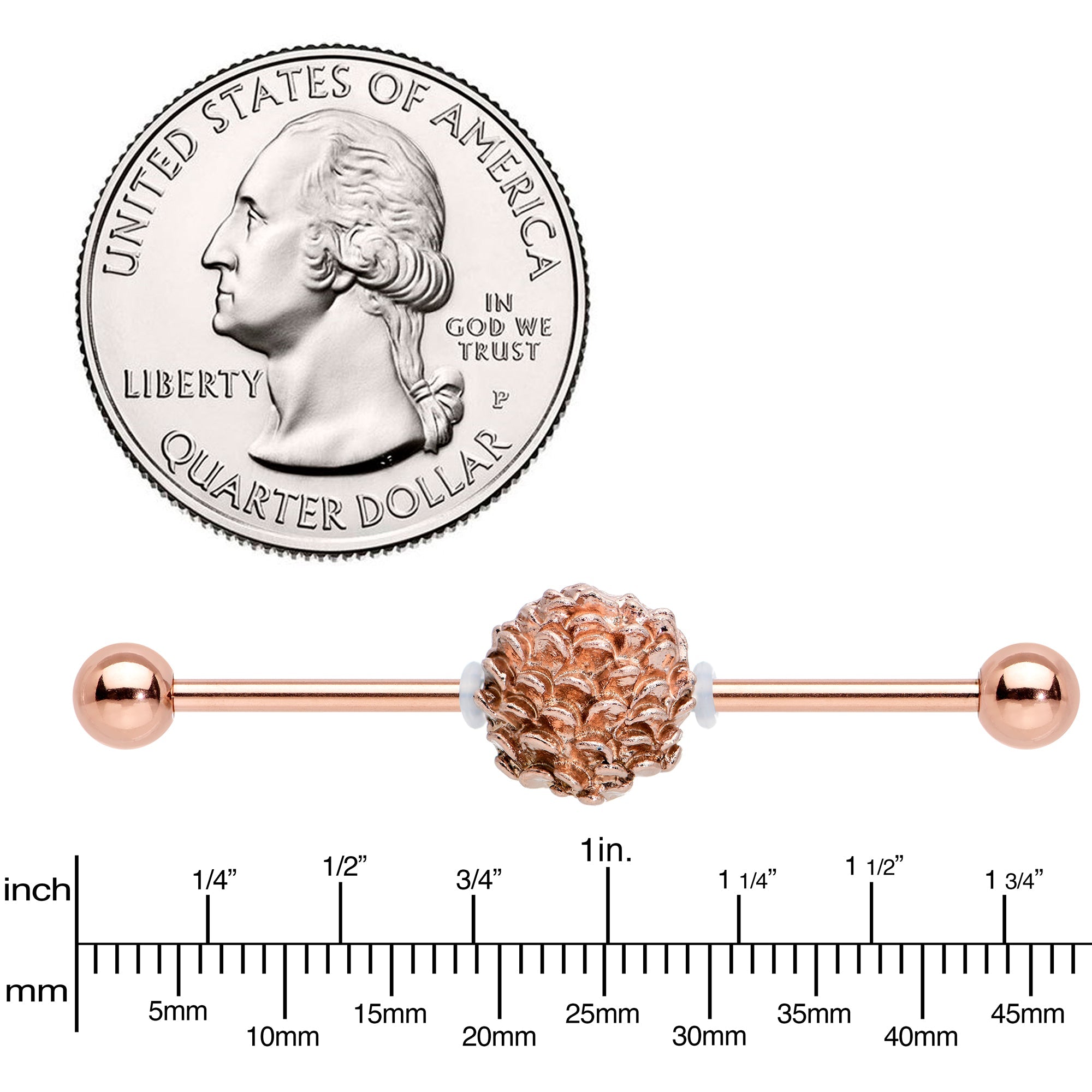 BodyCandy 14G Rose Gold Tone Autumn Pine Cone Industrial Barbell 38mm — lifestyle context