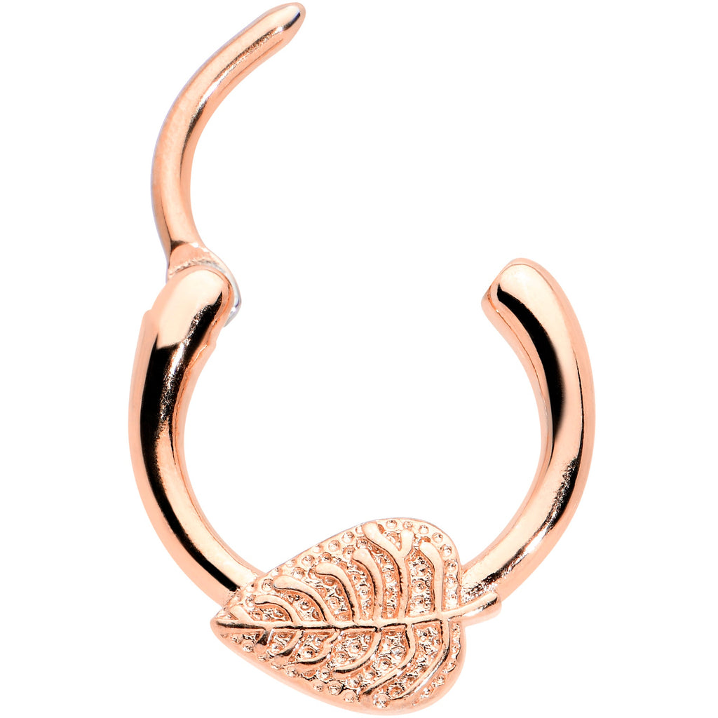 BodyCandy 16G 3/8 Rose Gold Tone Autumn Texture Leaf Cartilage Clicker Ring — detail close-up