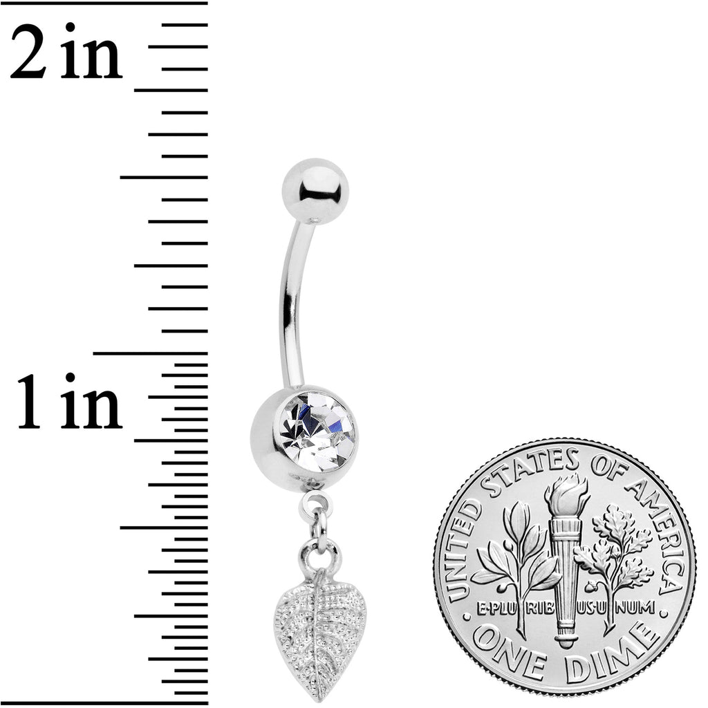 BodyCandy Clear Gem Autumn Lovely Textured Leaf Dangle Belly Ring — detail close-up