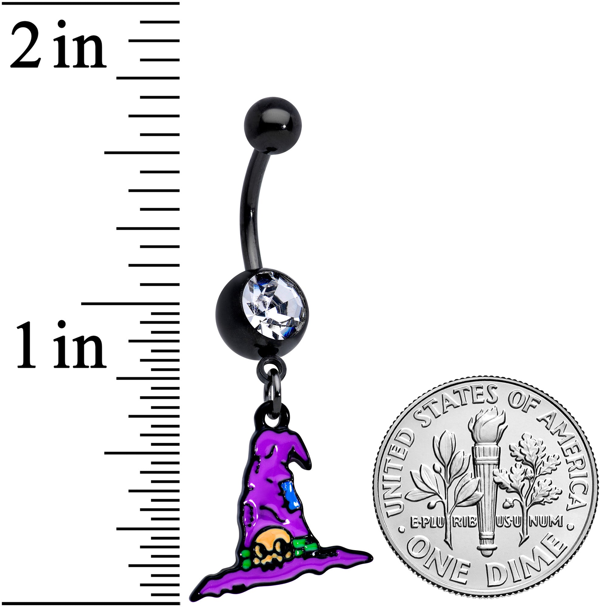 BodyCandy Clear Gem Black Witches Purple Hat Halloween Dangle Belly Ring — detail close-up