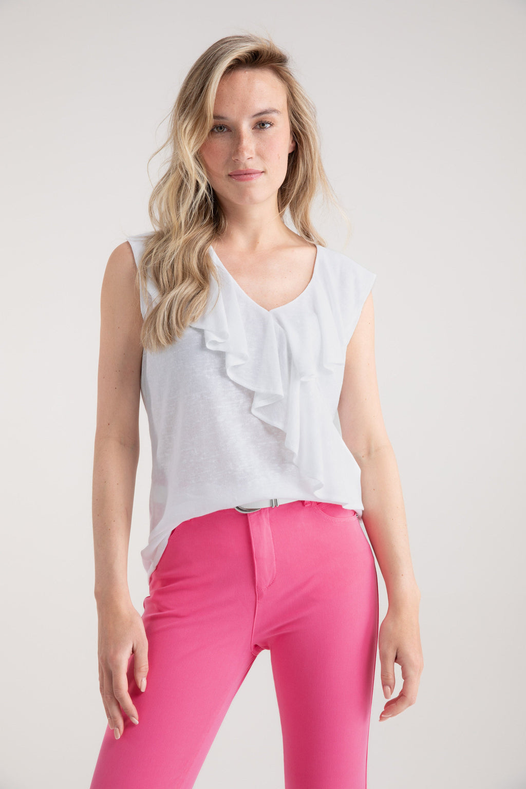 KADOU BOUTIQUE Marble V-Neck Ruffle Top — detail close-up