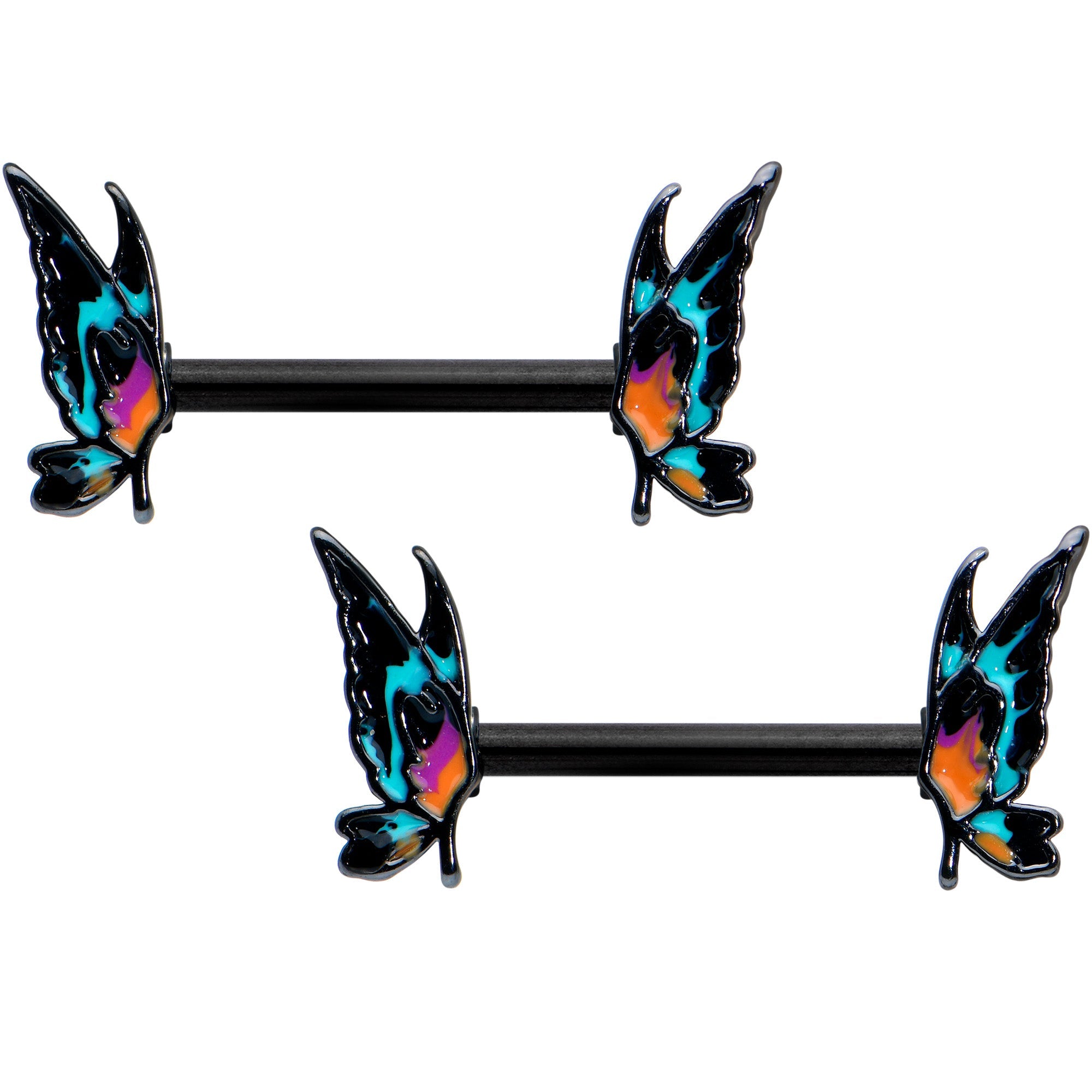 BodyCandy 14G 9/16 Black Sunset Butterfly Barbell Nipple Ring Set — main product shot
