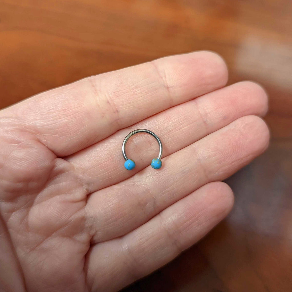 BodyCandy 16G 3/8 Matte Blue Splatter Ends Horseshoe Circular Barbell — lifestyle context