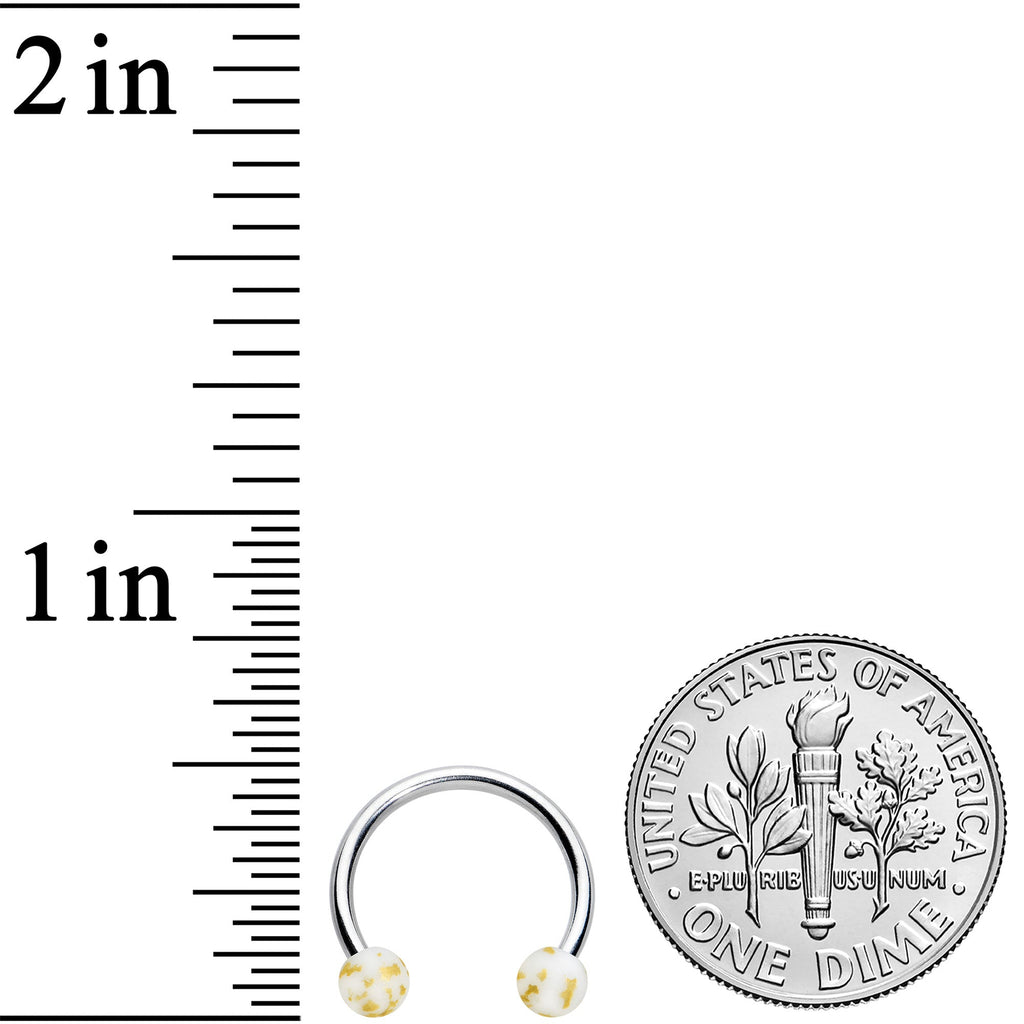 BodyCandy 16G 3/8 Matte White Splatter Ends Horseshoe Circular Barbell — detail close-up