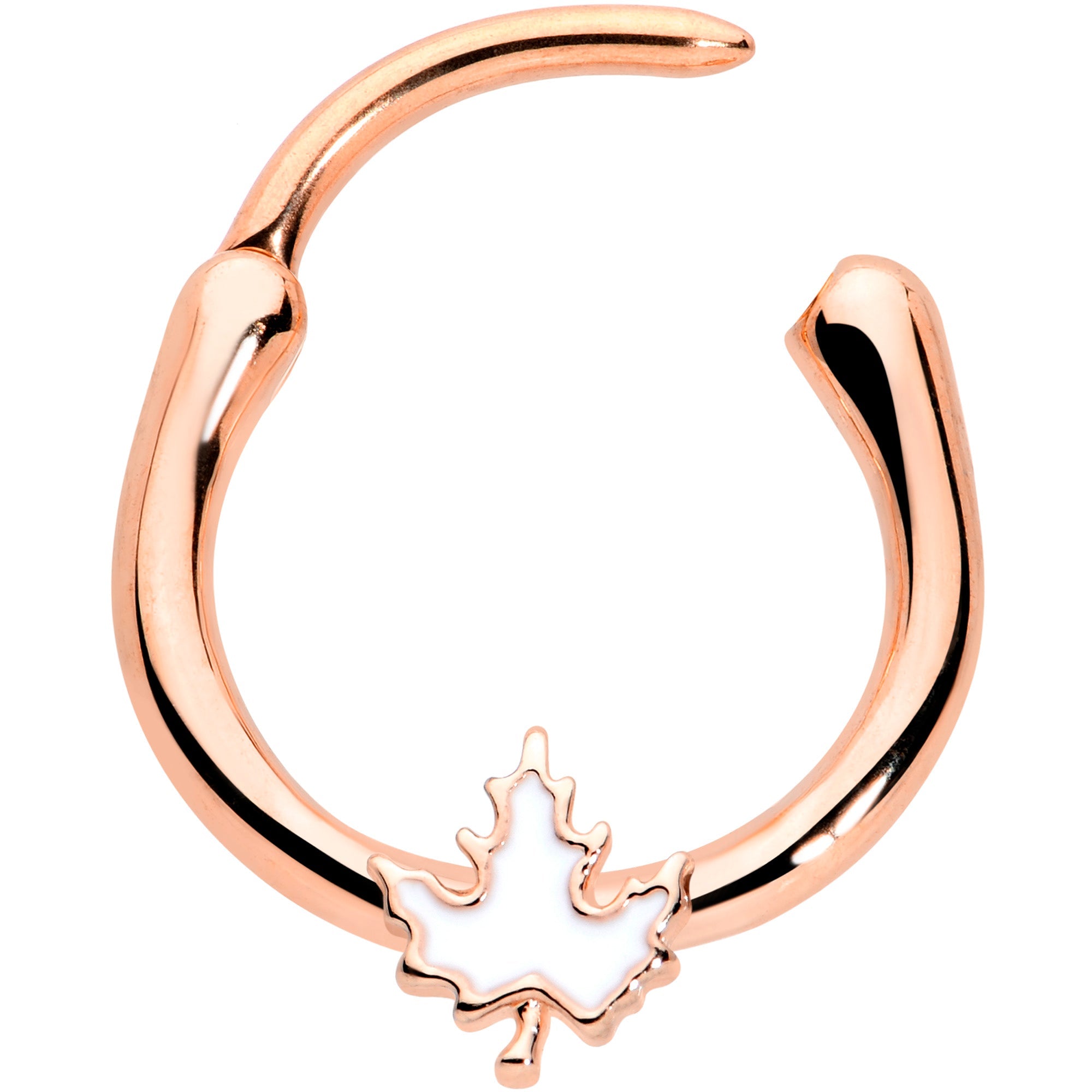 BodyCandy 16G 3/8 Rose Gold Tone Fall White Maple Leaf Cartilage Clicker — detail close-up