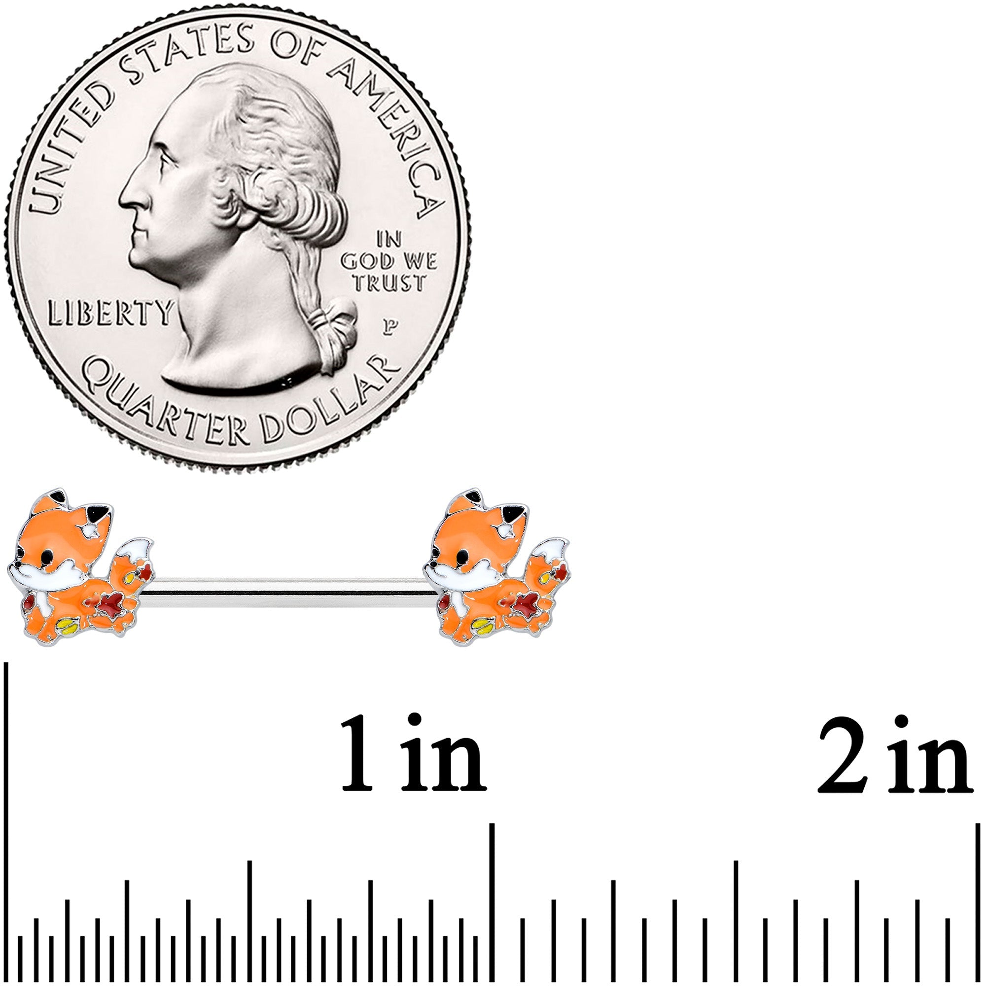 BodyCandy 14G 9/16 Cute Fall Fox Barbell Nipple Ring Set — detail close-up
