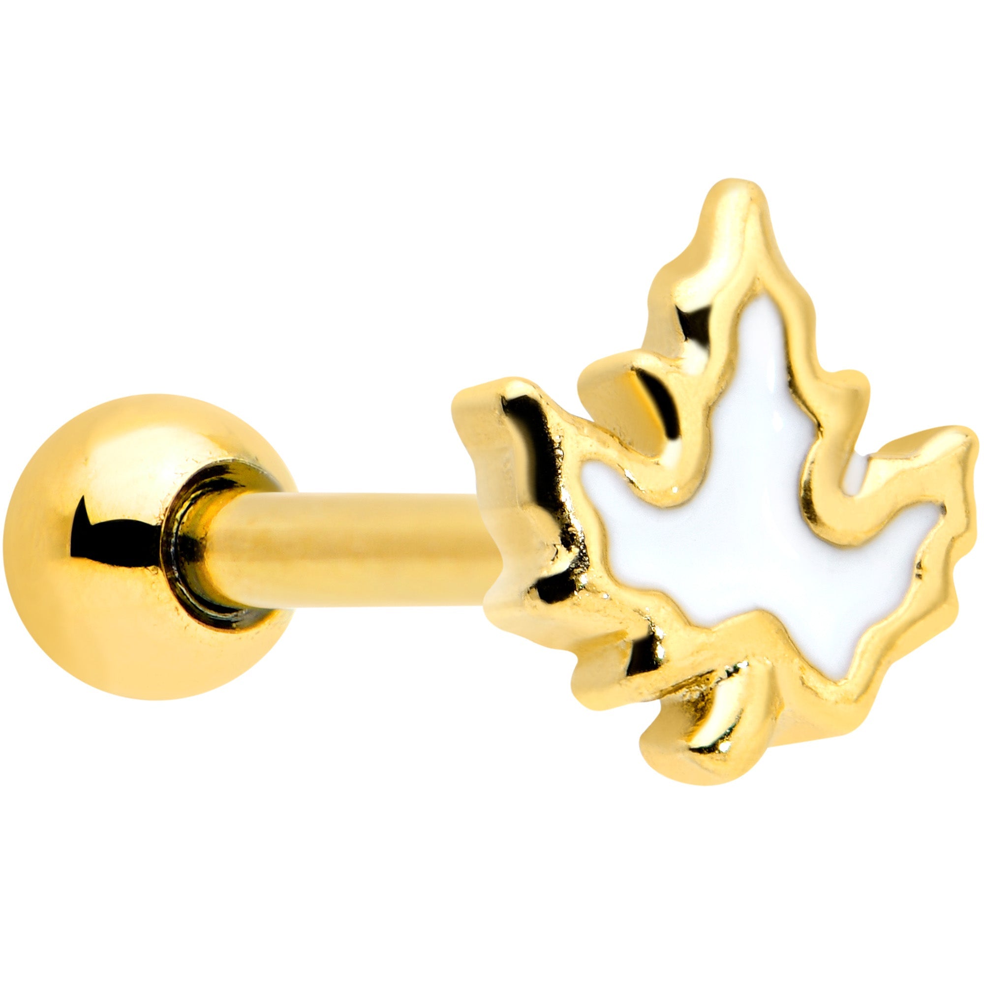 BodyCandy 16G 1/4 Gold Tone Fall White Maple Leaf Cartilage Tragus Earring — main product shot