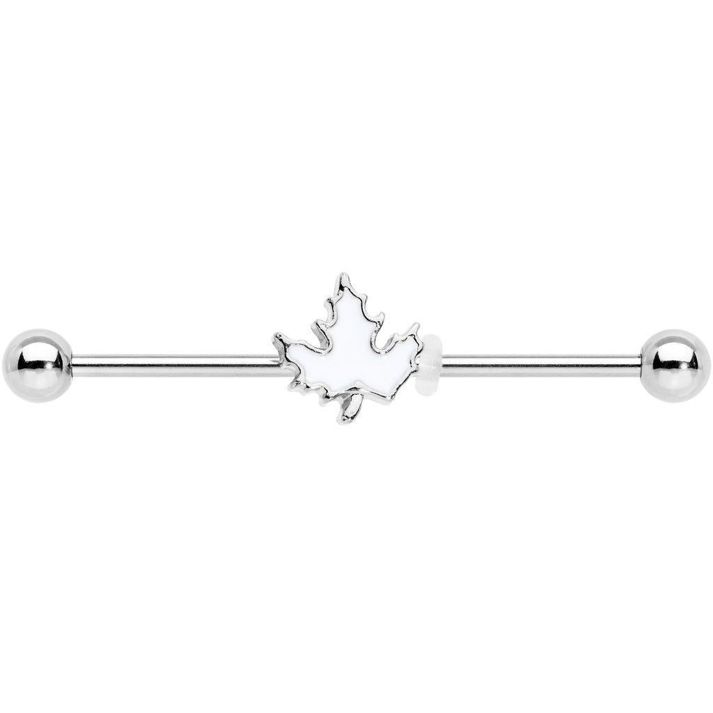BodyCandy 14G Autumn White Maple Leaf Industrial Barbell 38mm — detail close-up