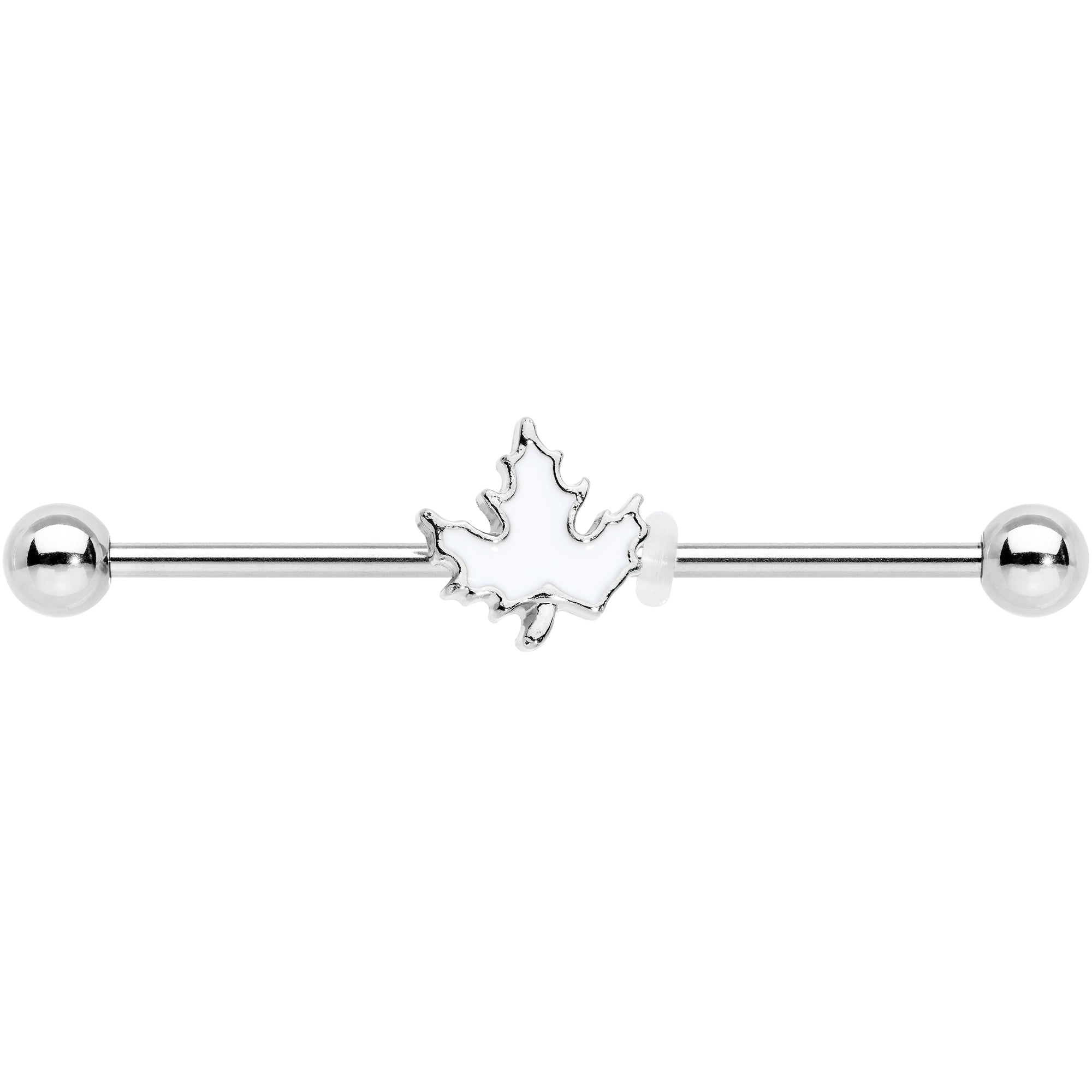 BodyCandy 14G Autumn White Maple Leaf Industrial Barbell 38mm — detail close-up