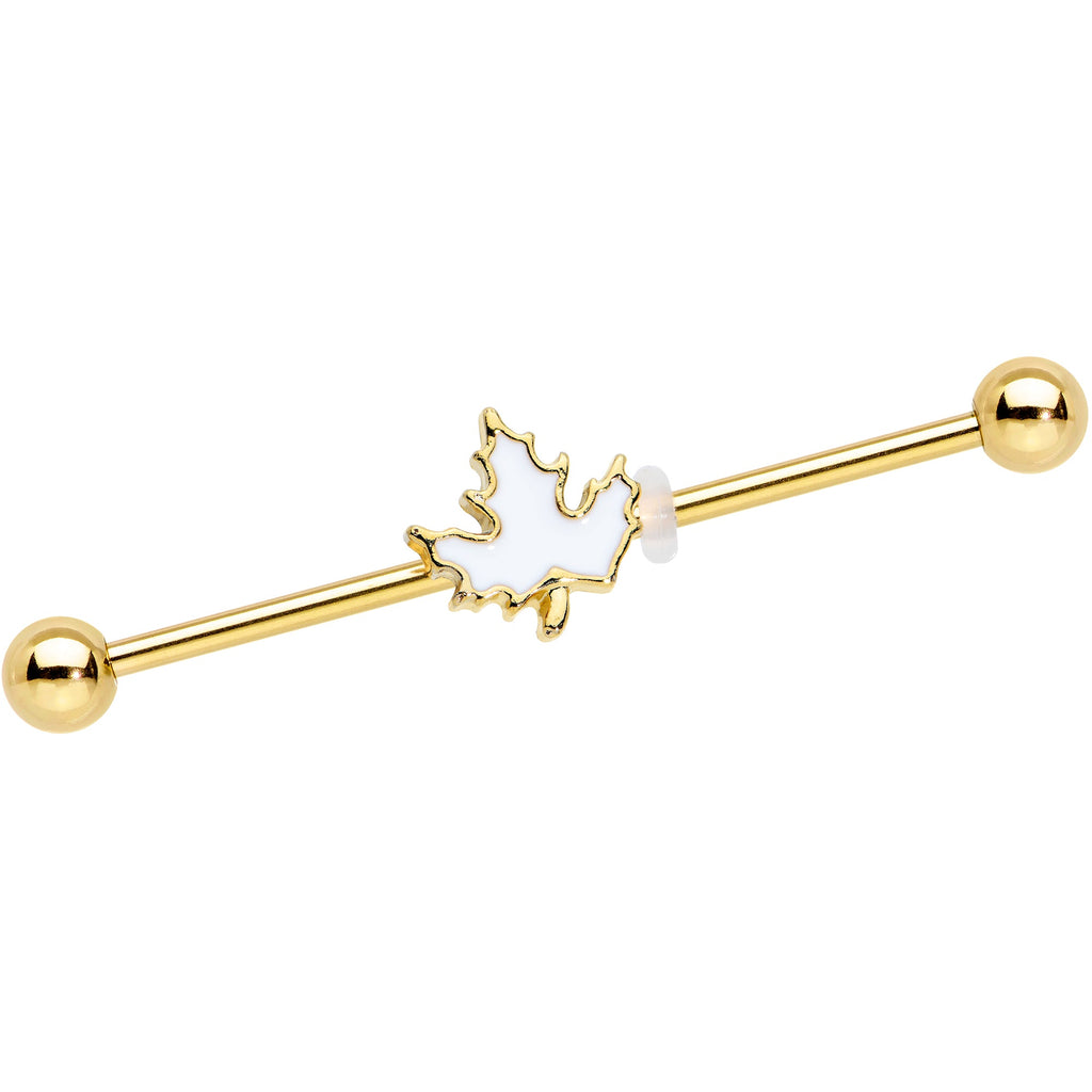 BodyCandy 14G Gold Tone Autumn White Maple Leaf Industrial Barbell 38mm — main product shot