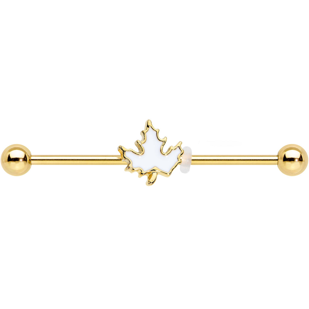BodyCandy 14G Gold Tone Autumn White Maple Leaf Industrial Barbell 38mm — detail close-up