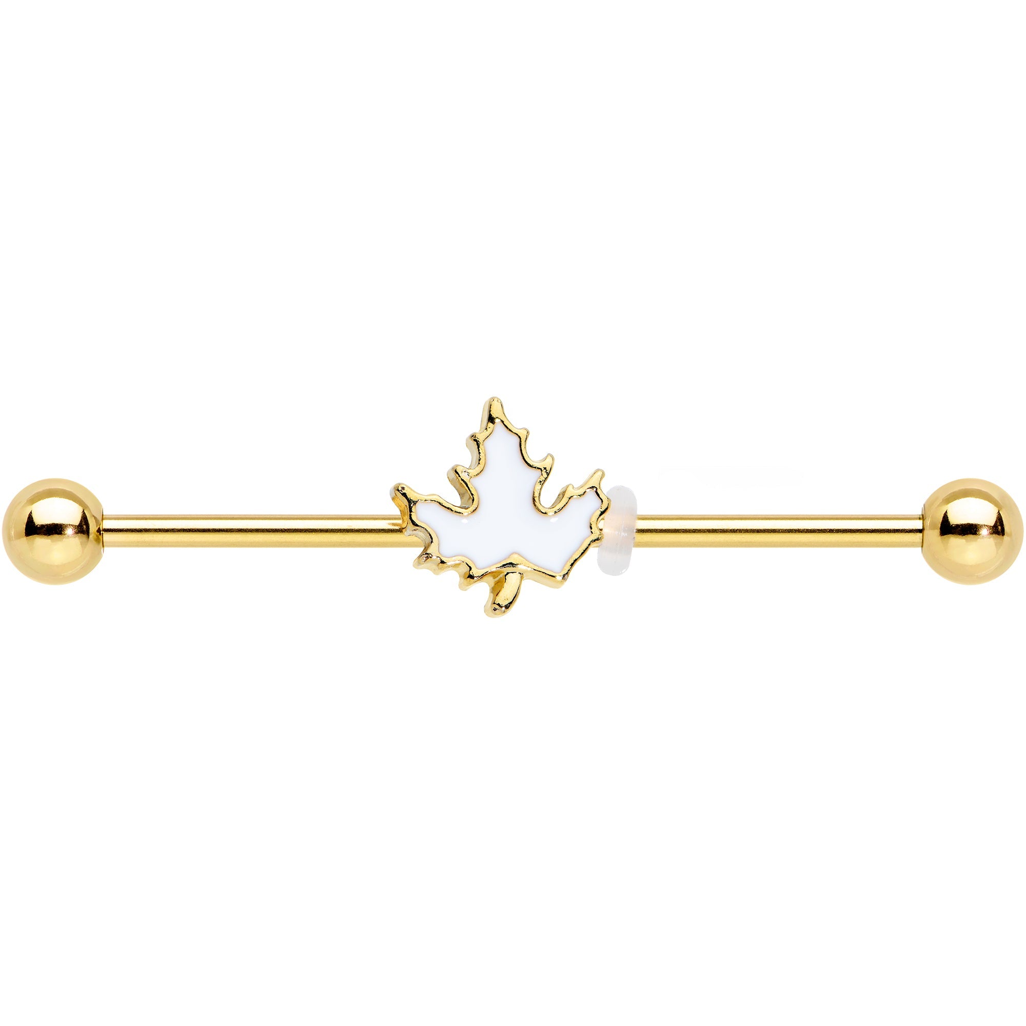 BodyCandy 14G Gold Tone Autumn White Maple Leaf Industrial Barbell 38mm — detail close-up
