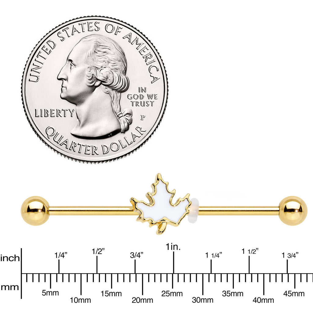 BodyCandy 14G Gold Tone Autumn White Maple Leaf Industrial Barbell 38mm — lifestyle context