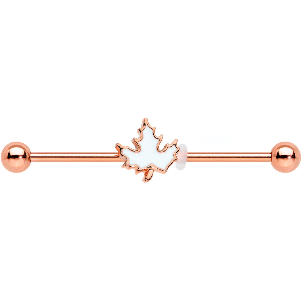 BodyCandy 14G Rose Gold Hue Autumn White Maple Leaf Industrial Barbell 38mm — detail close-up