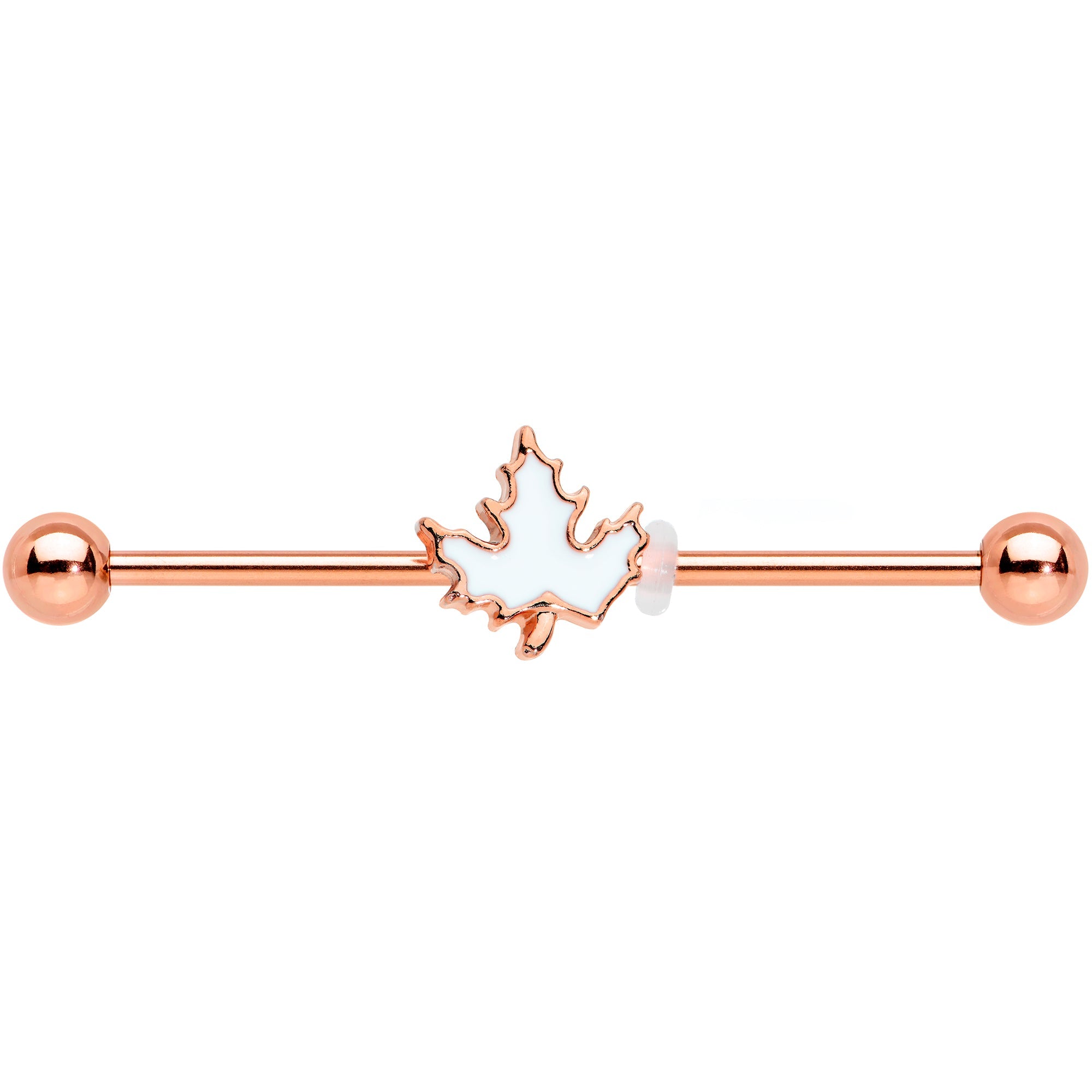 BodyCandy 14G Rose Gold Hue Autumn White Maple Leaf Industrial Barbell 38mm — detail close-up