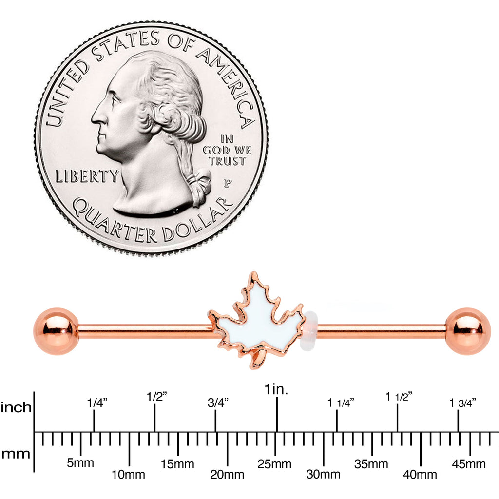 BodyCandy 14G Rose Gold Hue Autumn White Maple Leaf Industrial Barbell 38mm — lifestyle context
