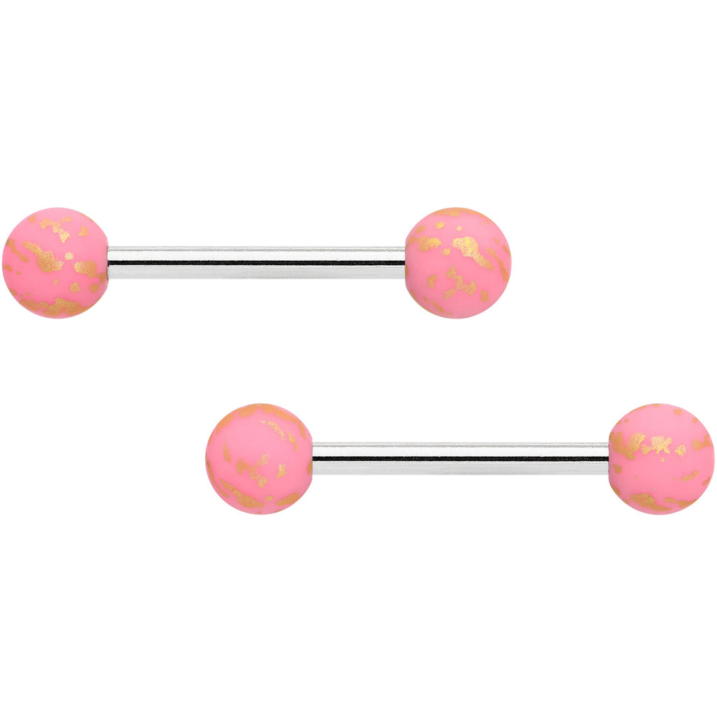 BodyCandy 14G 9/16 Matte Pink Splatter Barbell Nipple Ring Set — main product shot