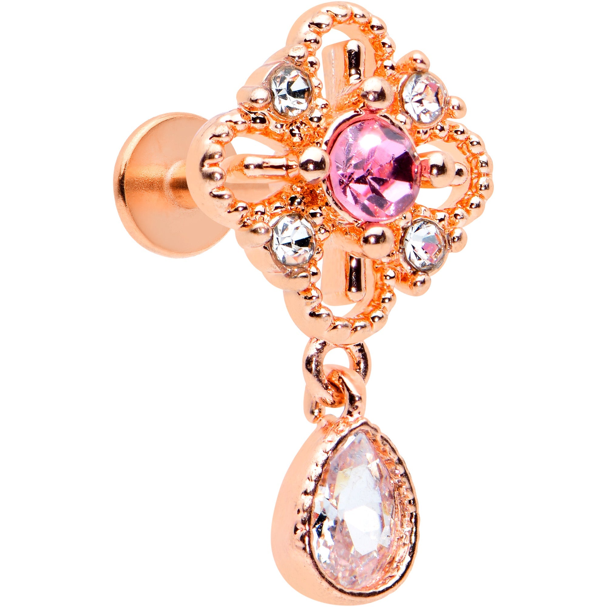 BodyCandy 16G 1/4 Clear Pink Gem Rose Gold Tone Cross Dangle Labret Tragus — main product shot