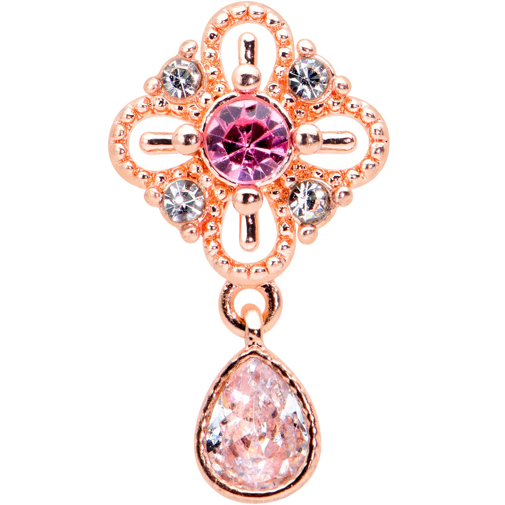 BodyCandy 16G 1/4 Clear Pink Gem Rose Gold Tone Cross Dangle Labret Tragus — detail close-up