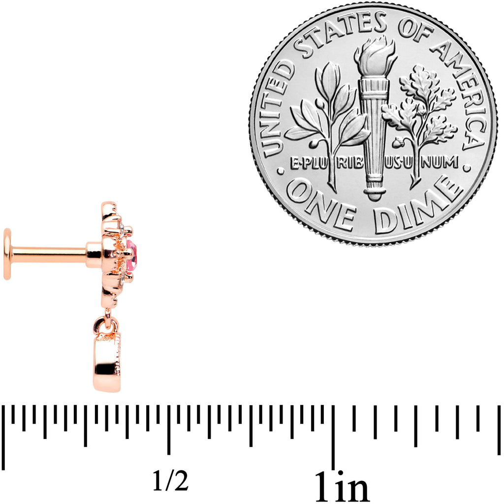 BodyCandy 16G 1/4 Clear Pink Gem Rose Gold Tone Cross Dangle Labret Tragus — side view