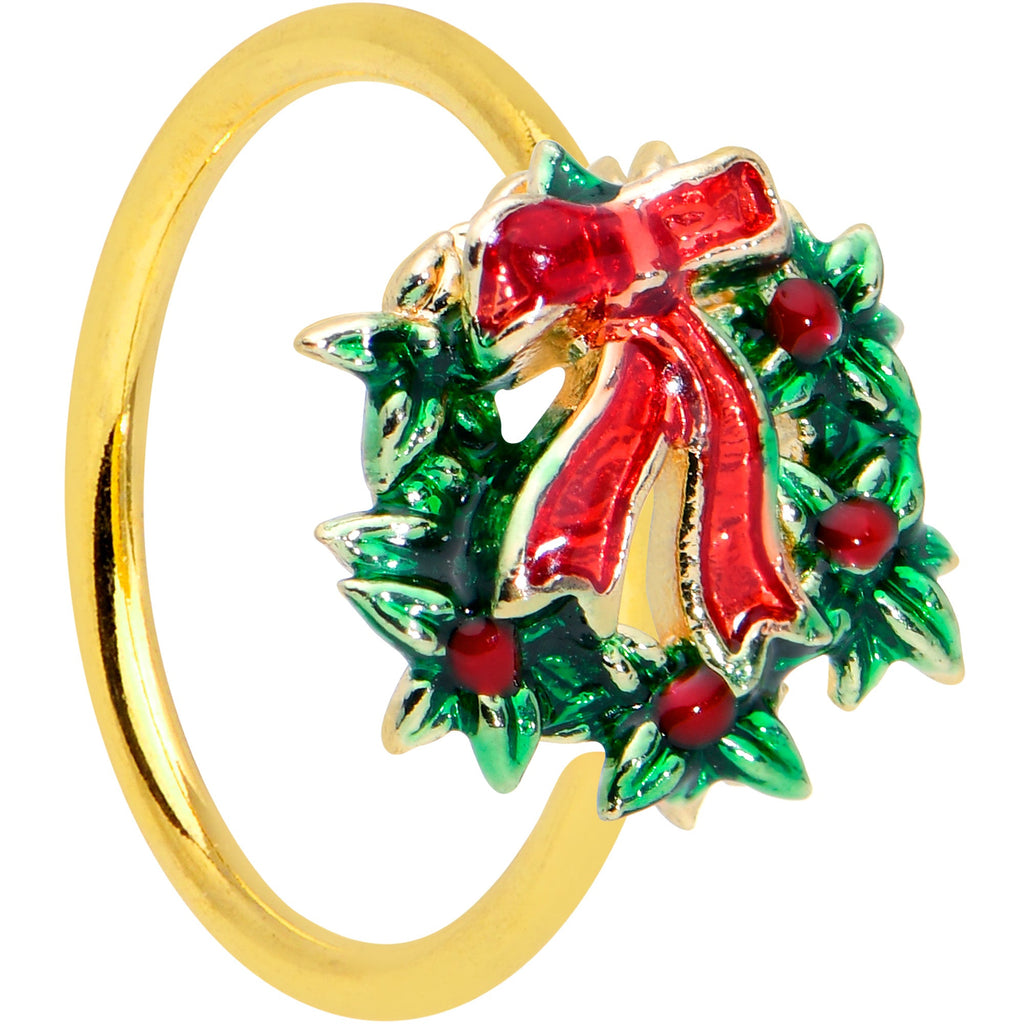 BodyCandy 20G 5/16 Gold Tone Festive Bow Wreath Christmas Nose Hoop — main product shot