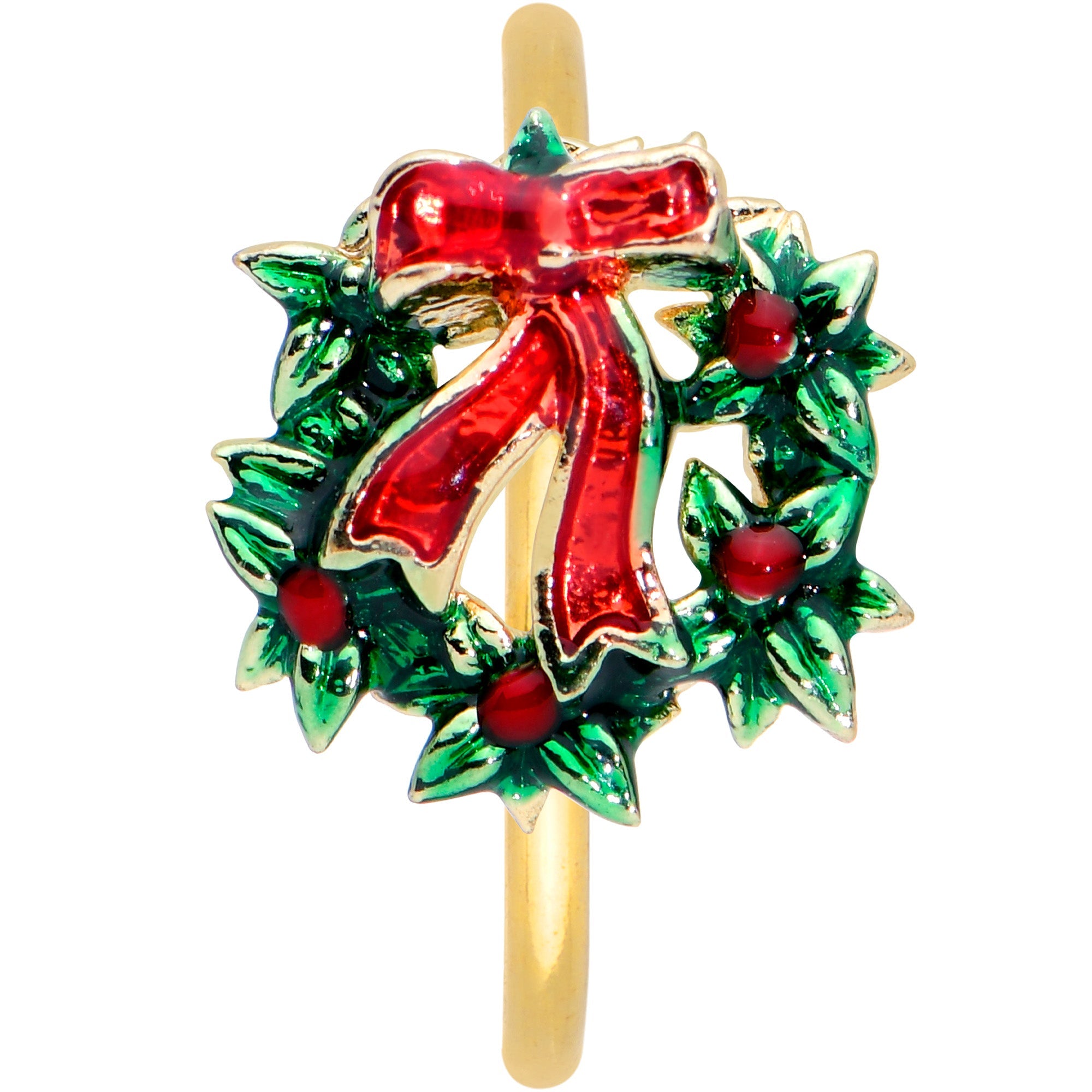 BodyCandy 20G 5/16 Gold Tone Festive Bow Wreath Christmas Nose Hoop — detail close-up