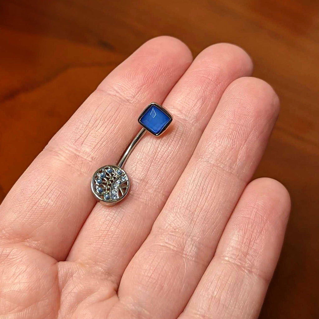 BodyCandy Geometric Blues Pattern Double Mount Belly Ring — lifestyle context