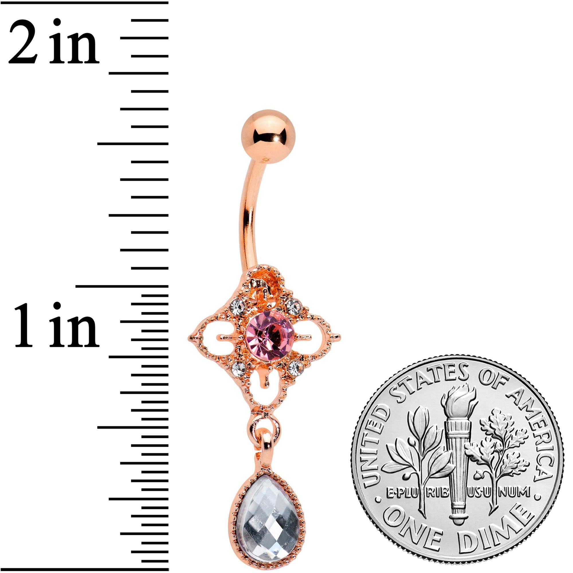 BodyCandy Clear Grey Purple Gem Rose Gold Tone Rhombus Dangle Belly Ring — detail close-up