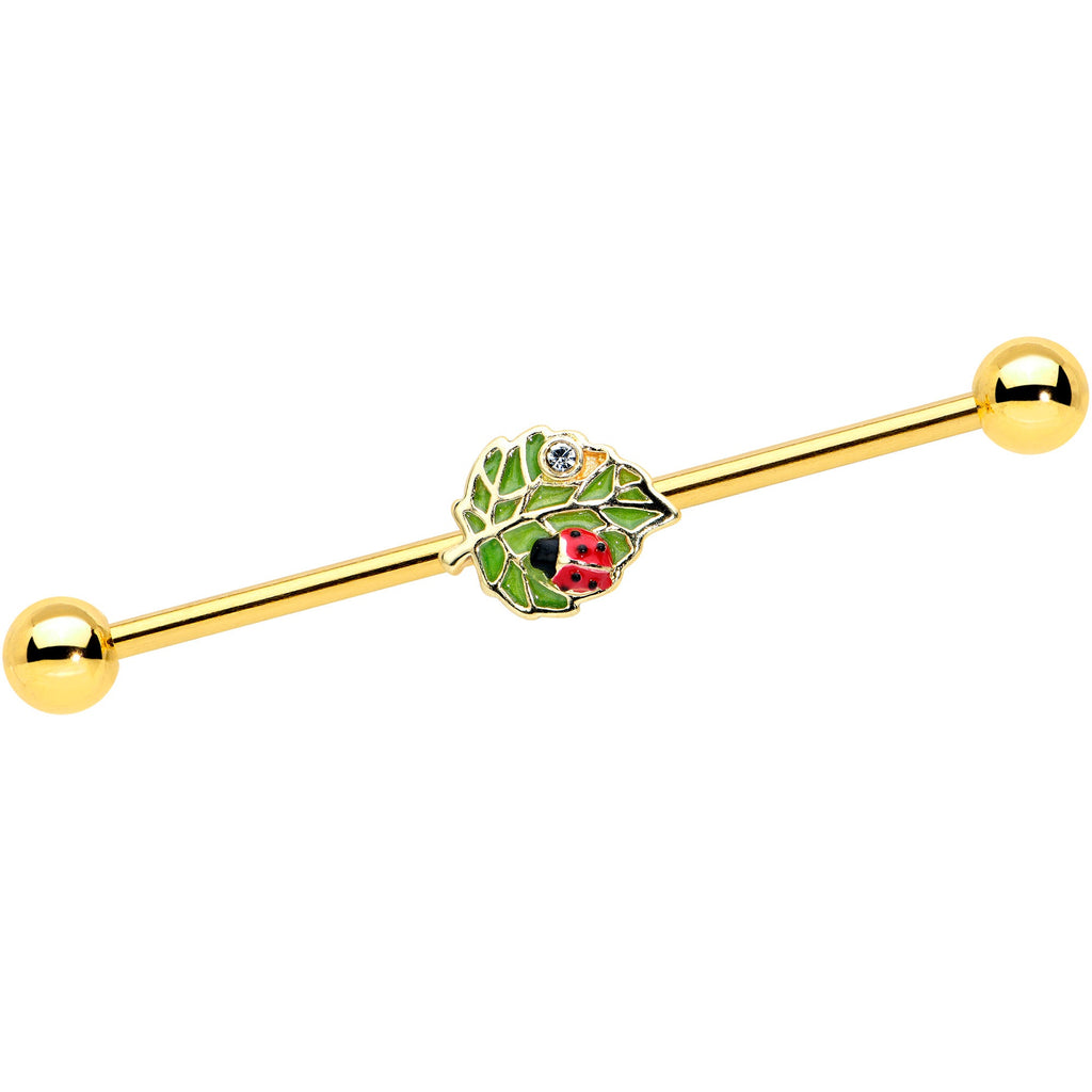 BodyCandy 14G Clear Gem Gold Tone Leafy Ladybug Industrial Barbell 38mm — main product shot