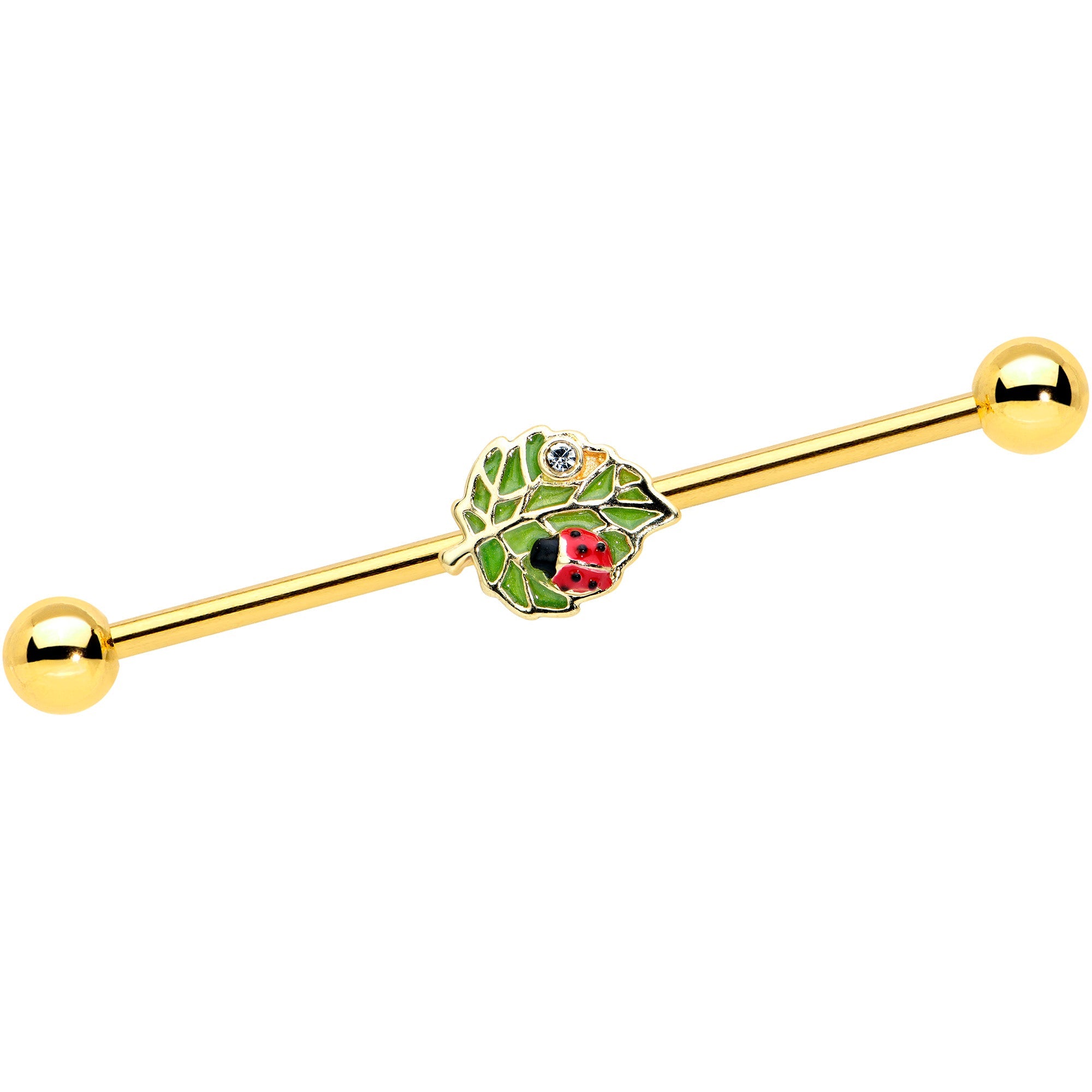 BodyCandy 14G Clear Gem Gold Tone Leafy Ladybug Industrial Barbell 38mm — main product shot